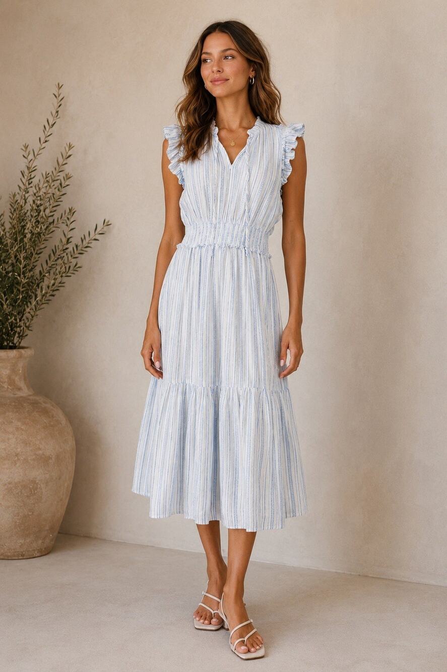 Rails Sonoma Stripe Garden Linen Blend Midi Dress Blue White Size M Minimalist
